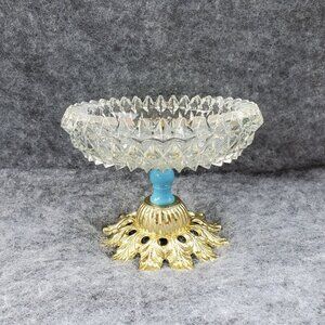VTG Caddie Creations Crystal Compote Dish With Ornate Gold Tone & Turquoise Base